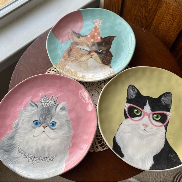 PIER 1 Imports - PARTY CATS Salad Plates - Set of 3 Ironstone EUC - Picture 5 of 11